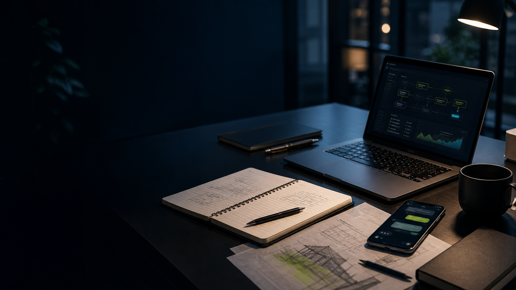 โต๊ะคุยโปรเจกต์ที่มี laptop notebook และ sketch architecture