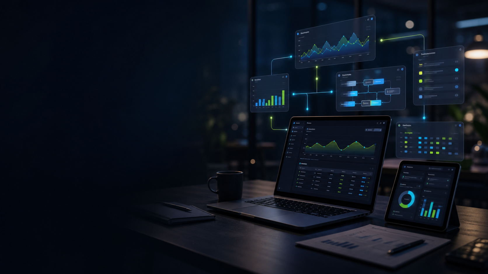 หน้าจอผลิตภัณฑ์และ dashboard สำหรับระบบธุรกิจใน workspace โทนมืด