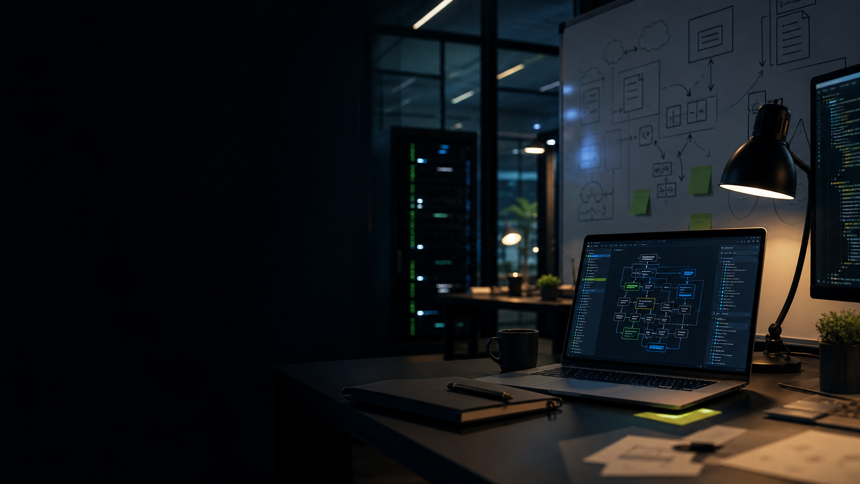 โต๊ะทำงานซอฟต์แวร์ที่มี architecture diagram และระบบ cloud infrastructure